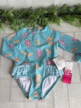 Care Bears Baby Blue One-Piece long sleeve swimsuit with UPF 50 new